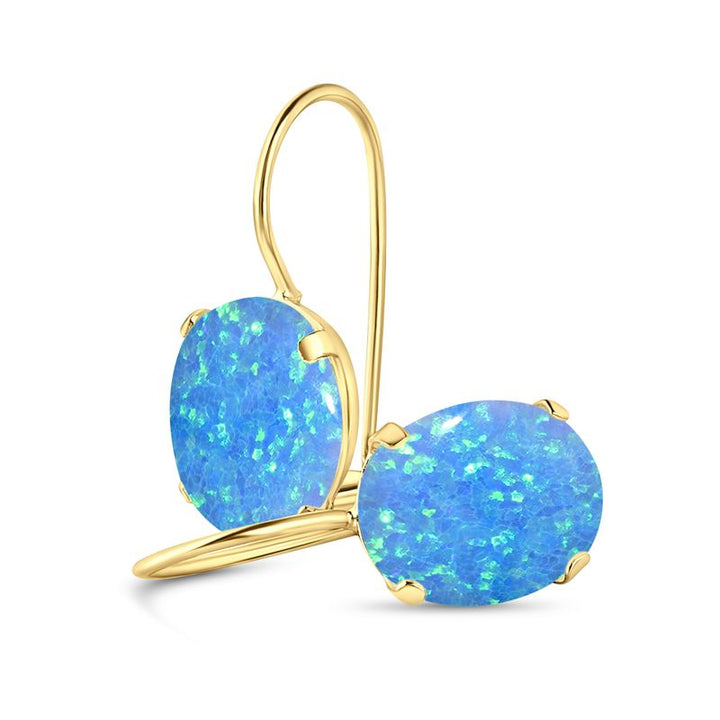 14K Gold Blue Opal Oval Dangle Earrings