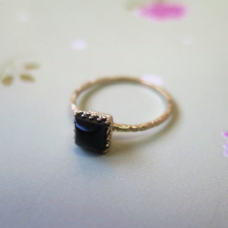 14K Yellow Gold Black Onyx Ring - , Handmade 