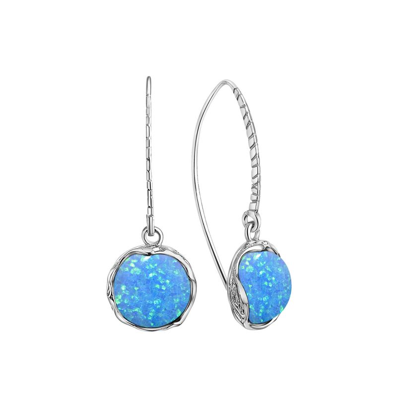 925 Sterling Silver Handmade 12mm Blue Opal Vintage Dangle Earrings