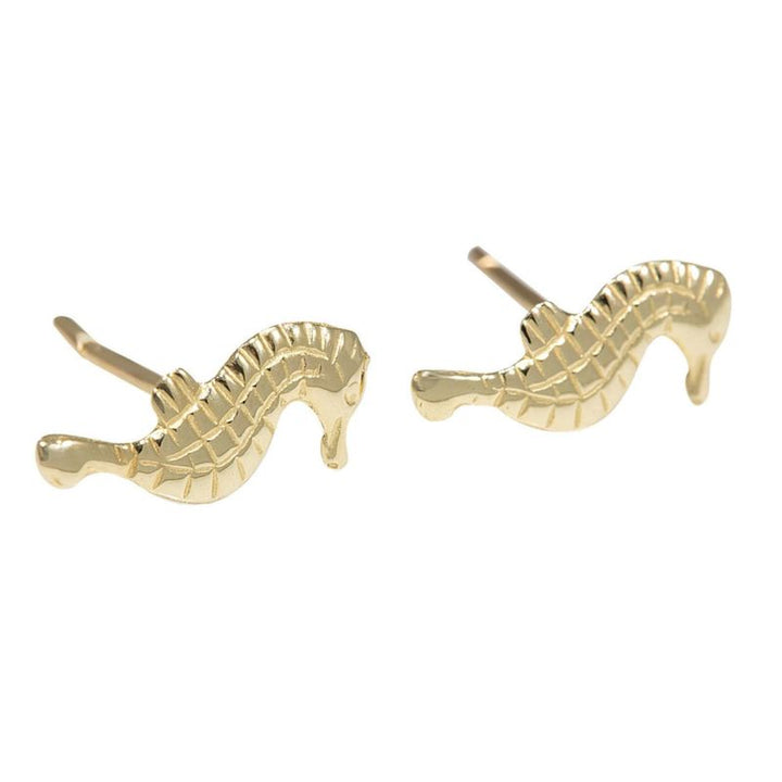 14k Solid Gold Seahorse Stud Earrings With Gold Closures