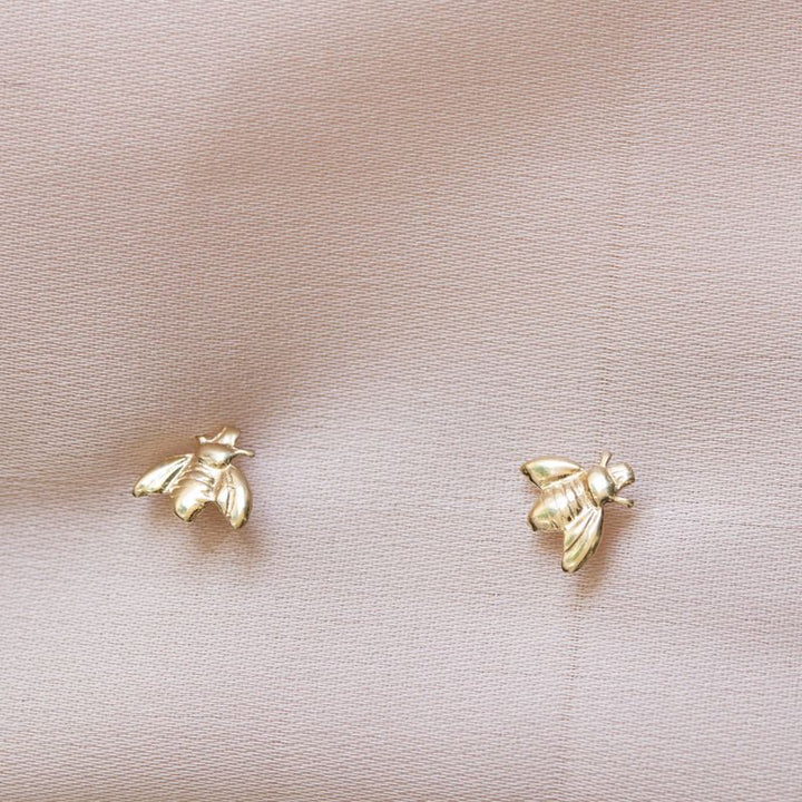 14k Solid Gold Bee Stud Earrings With Gold Closures
