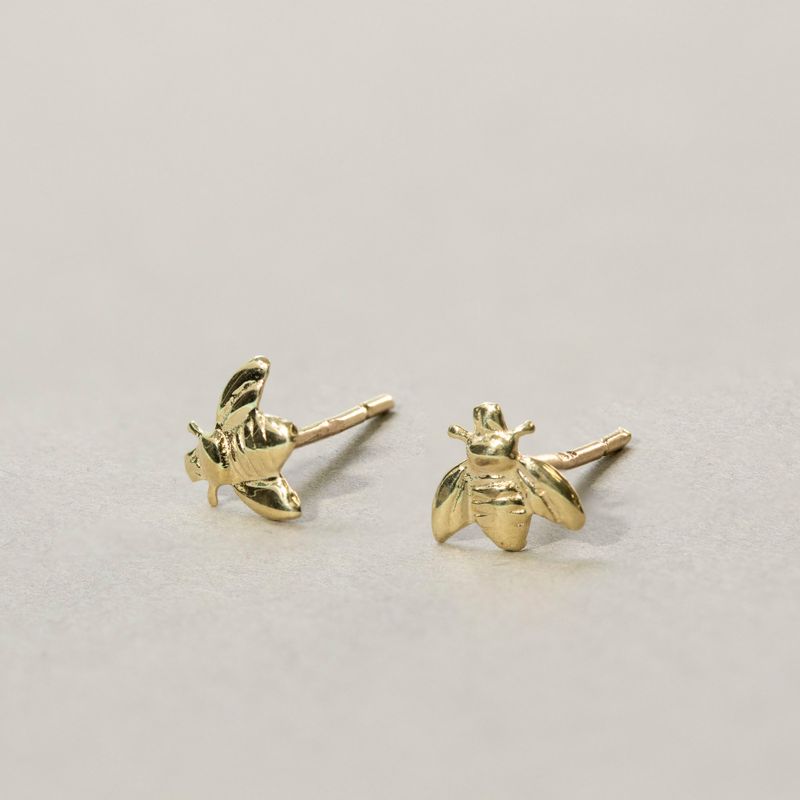 14k Solid Gold Bee Stud Earrings With Gold Closures