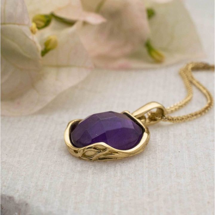 14K Yellow Gold Round Purple Amethyst Pendant - Vintage Boho Necklace , Handmade 