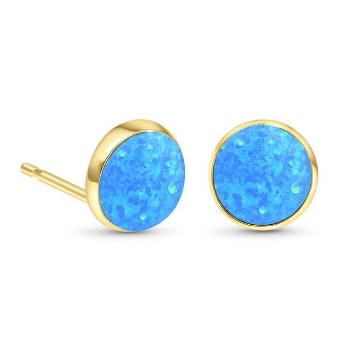 14k Solid Gold 8mm Blue Opal Stud Earrings With Gold Closures