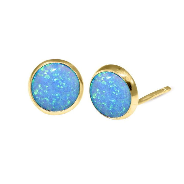 14k Solid Gold 6mm Blue Opal Stud Earrings With Gold Closures