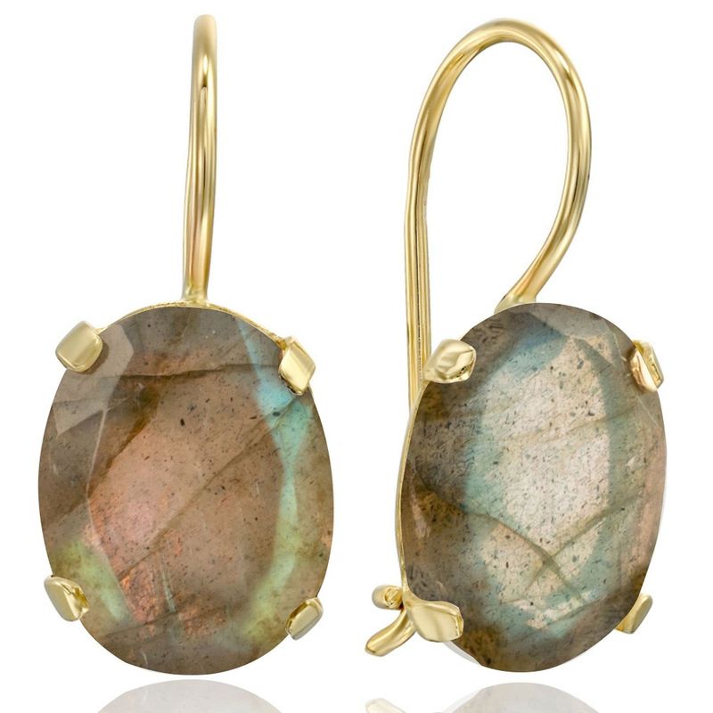 14K Yellow Gold Oval Brown Labradorite Earrings - dangle earrings , Handmade 