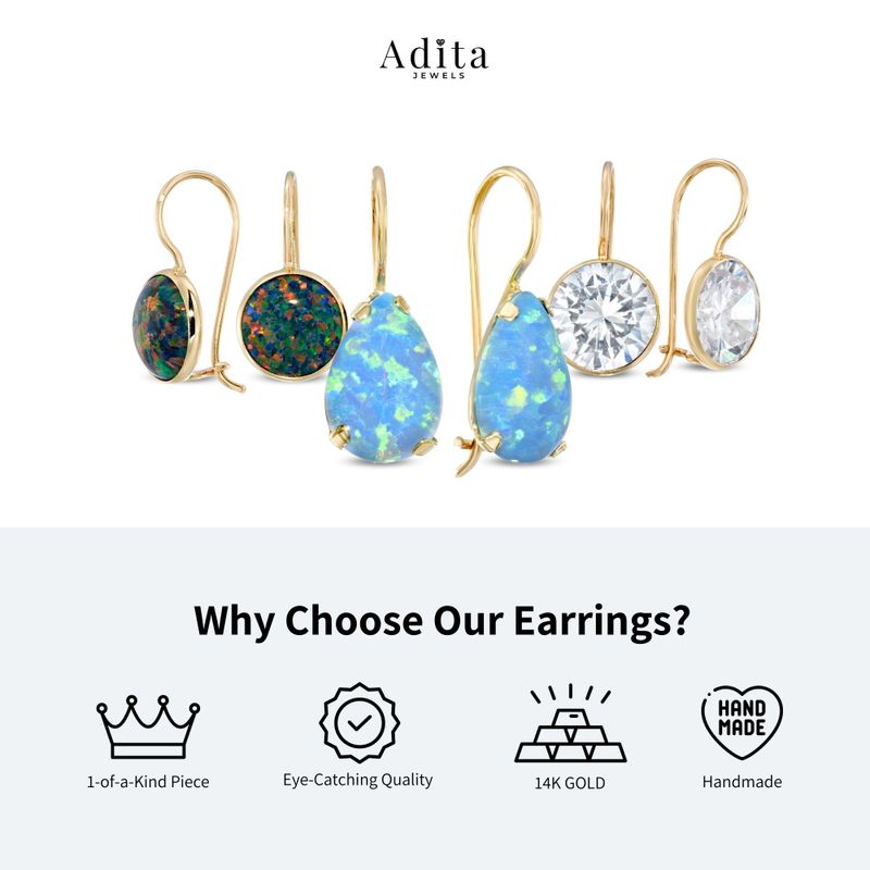 14K Yellow Gold Blue Opal Earrings - artisan earrings , Handmade 