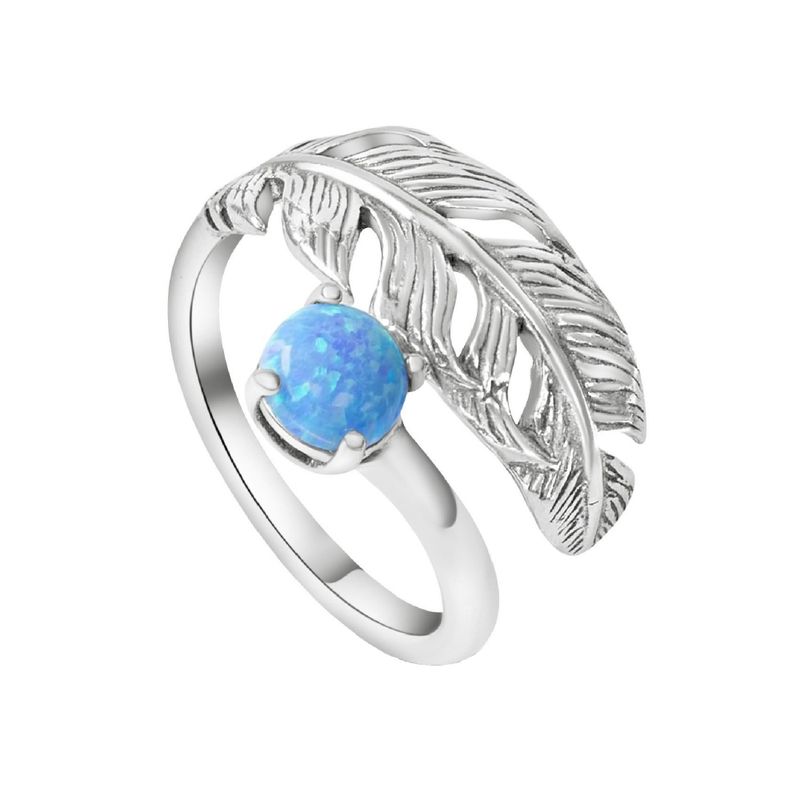 טבעת כסף 925 מתכוונת נוצה אבן אופל כחול