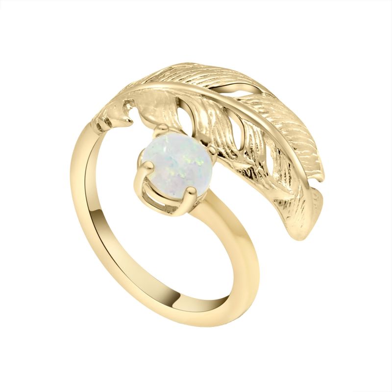 טבעת מתכוונת נוצה אבן אופל לבן ציפוי זהב