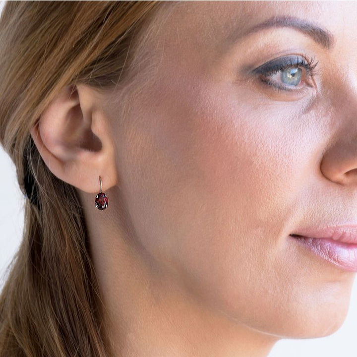 14K Gold Garnet Oval Dangle Earrings