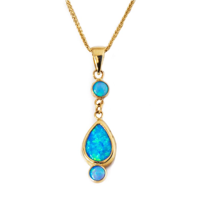 14k Solid Gold Blue Opal Dangle Pendant