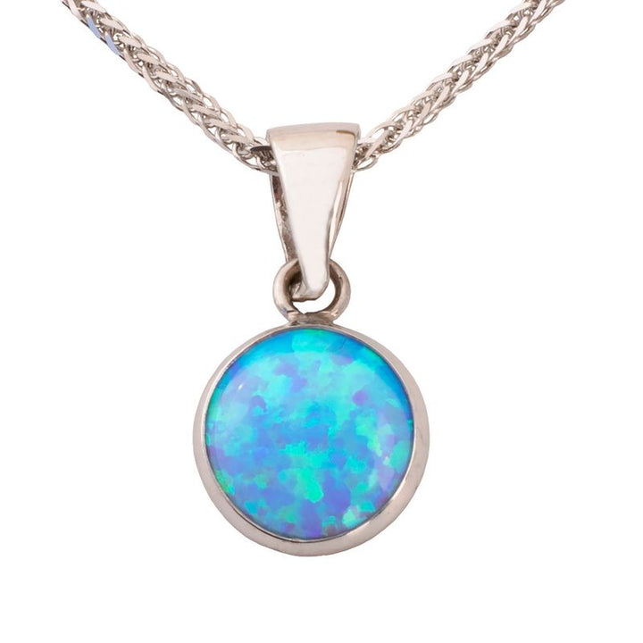 14K White Gold Round Blue Opal Pendant - Blue Opal Pendant , Handmade 