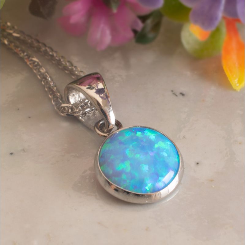 14K White Gold Round Blue Opal Pendant - Blue Opal Pendant , Handmade 