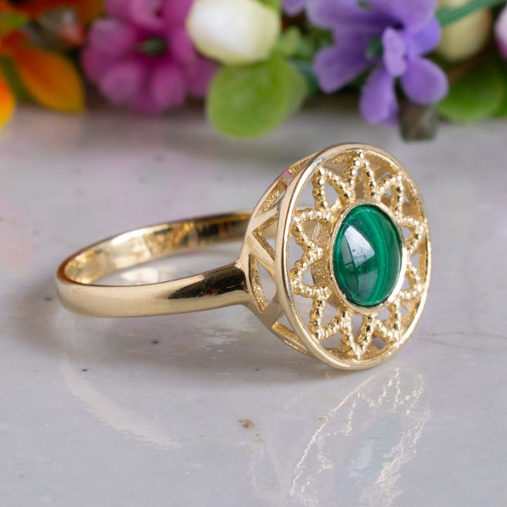 14K Yellow Gold Round Green Malachite Ring - antique ring , Handmade 