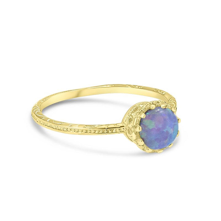 14K Yellow Gold Round Blue Opal Dainty Ring