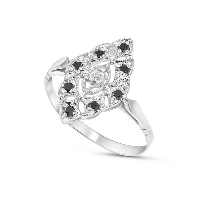 14K White gold Rhombus Black Diamond Ring - Promise Ring , Handmade 
