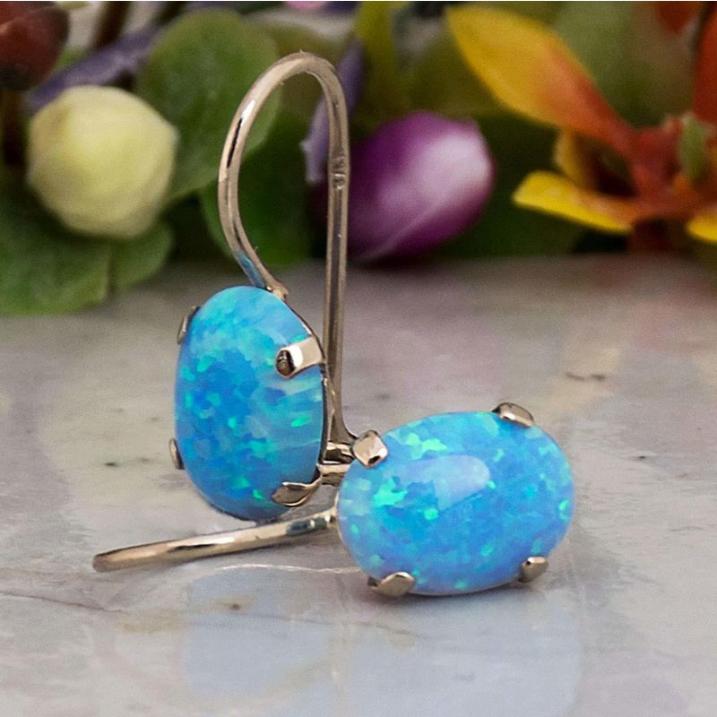 14K Gold Blue Opal Oval Dangle Earrings