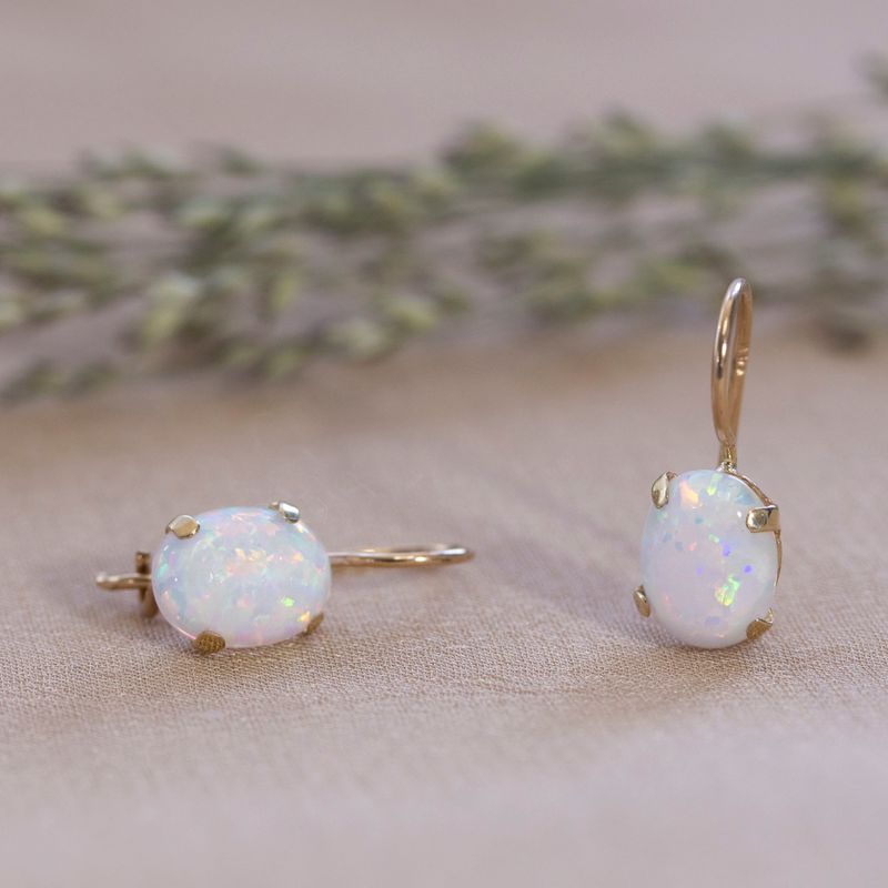 14K Gold White Opal Oval Dangle Earrings