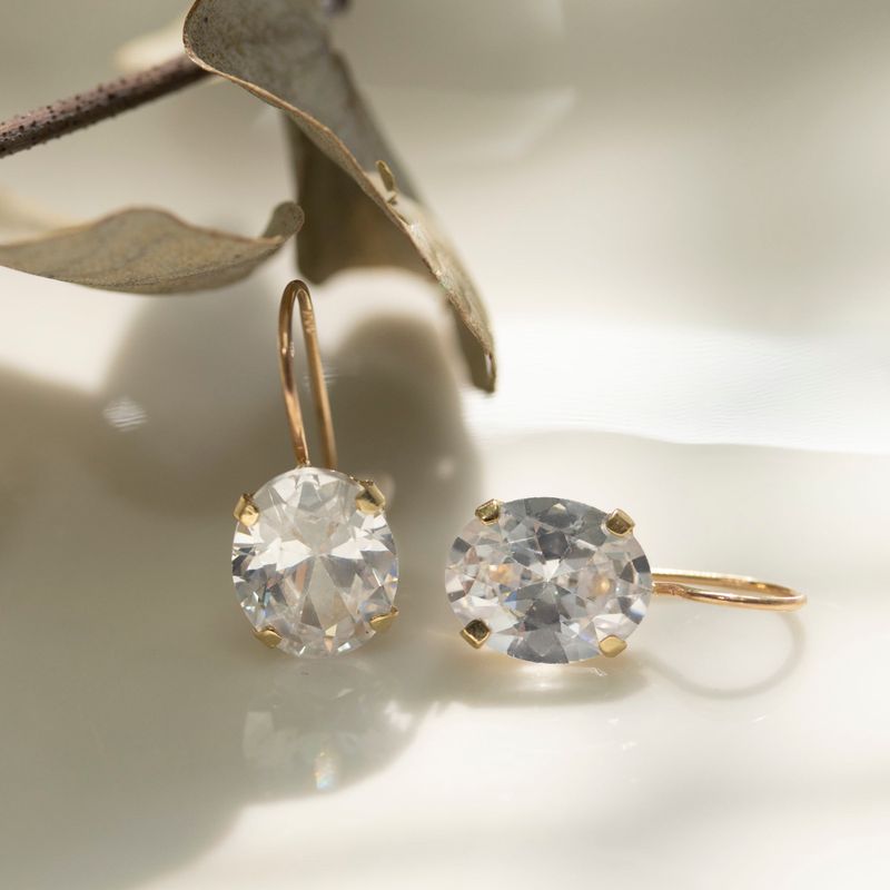 14K Yellow Gold Oval White Cubic zirconia Earrings - 14K Soild Gold White CZ Earrings , Handmade 