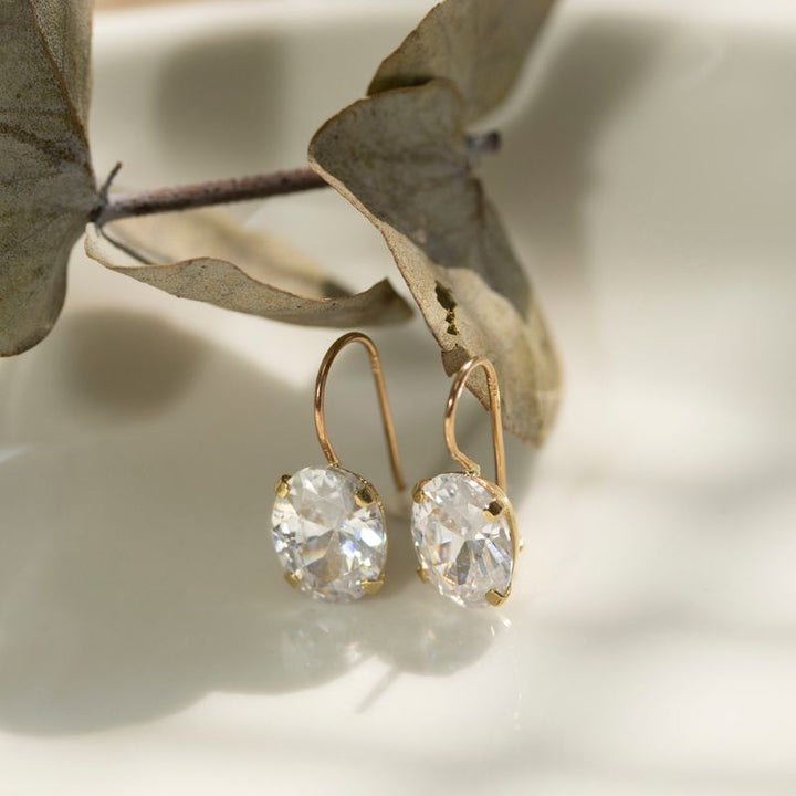 14K Yellow Gold Oval White Cubic zirconia Earrings - 14K Soild Gold White CZ Earrings , Handmade 