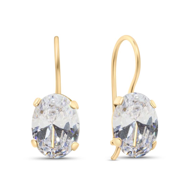 14K Yellow Gold Oval White Cubic zirconia Earrings - 14K Soild Gold White CZ Earrings , Handmade 