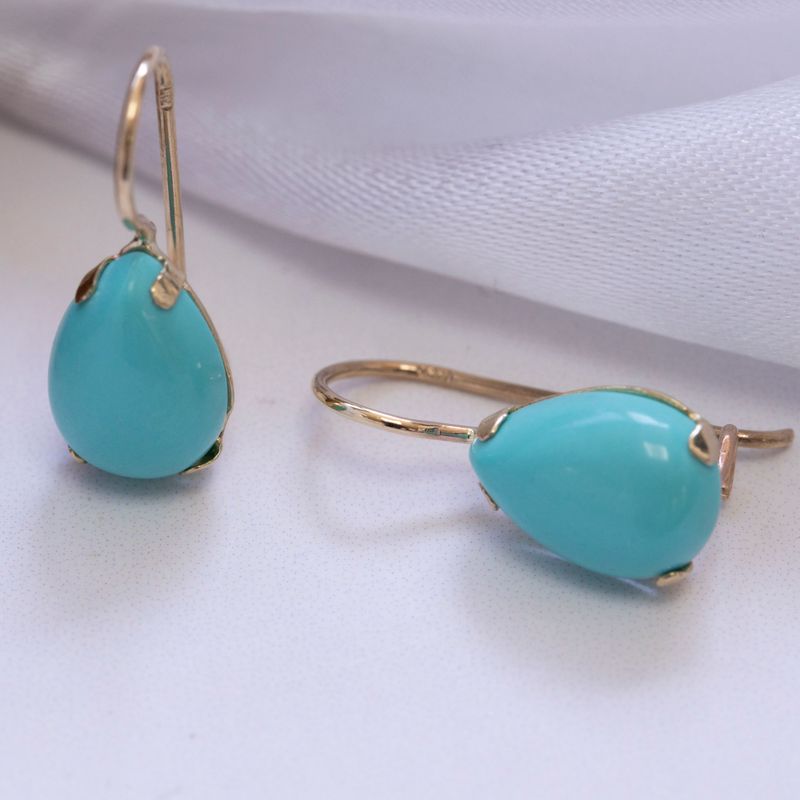 עגילי זהב 14 קראט טיפה טורקיז מלאכותי