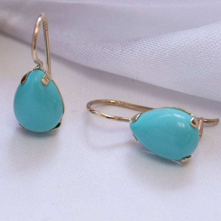 עגילי זהב 14 קראט טיפה טורקיז מלאכותי