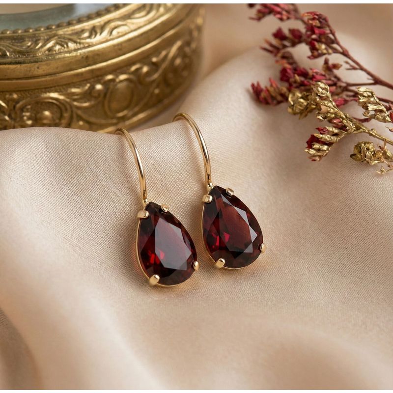 14K Gold Garnet Drop Shaped Dangle Earrings