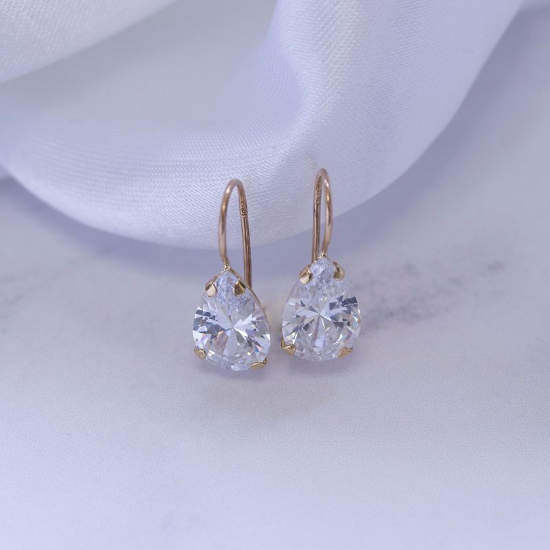 14K Gold White CZ Drop Shaped Dangle Earrings