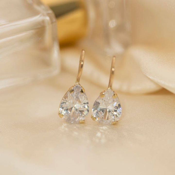 14K Gold White CZ Drop Shaped Dangle Earrings