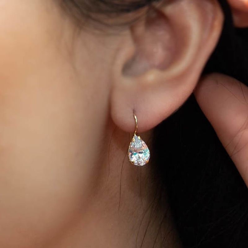 14K Gold White CZ Drop Shaped Dangle Earrings