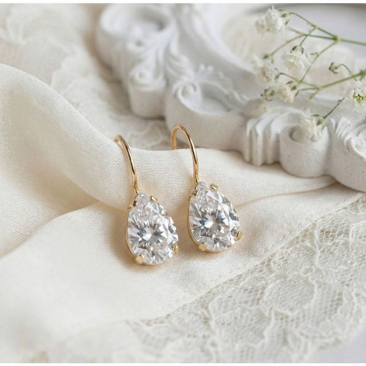 14K Gold White CZ Drop Shaped Dangle Earrings