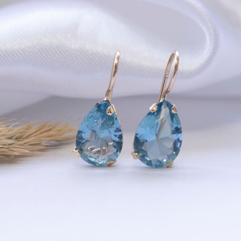 14K Gold Light Blue CZ Drop Shaped Dangle Earrings