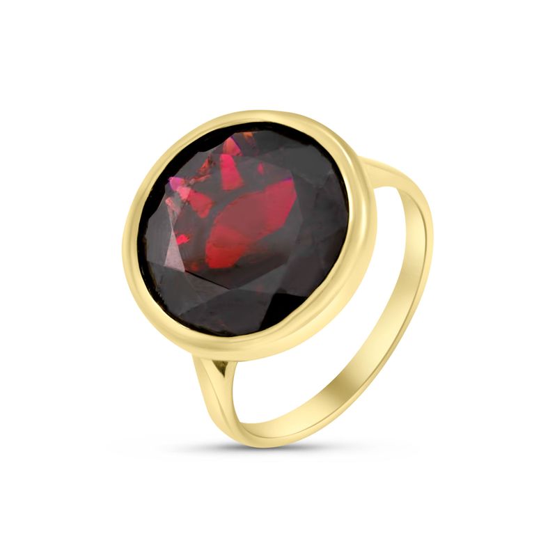 14K Yellow Gold Round Red Garnet Ring - Gemstone Ring , Handmade 