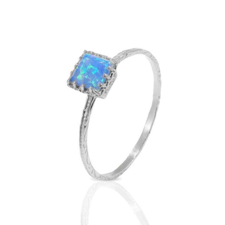 14K White gold Square Blue Opal Ring - Dainty Opal Gold Ring , Handmade 