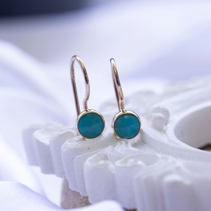 14k Solid Gold 4mm Turquoise Dangle Earrings for Girls