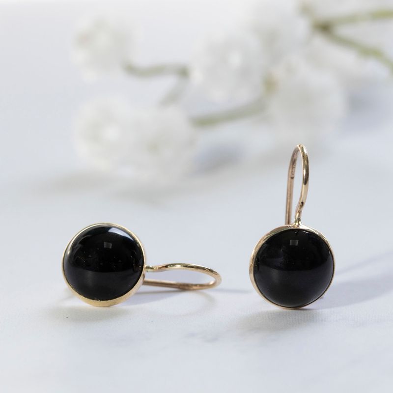 14K Gold Round 8mm Black Onyx Dangle Earrings