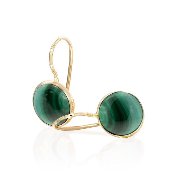 14K Gold Round 8mm Malachite Dangle Earrings