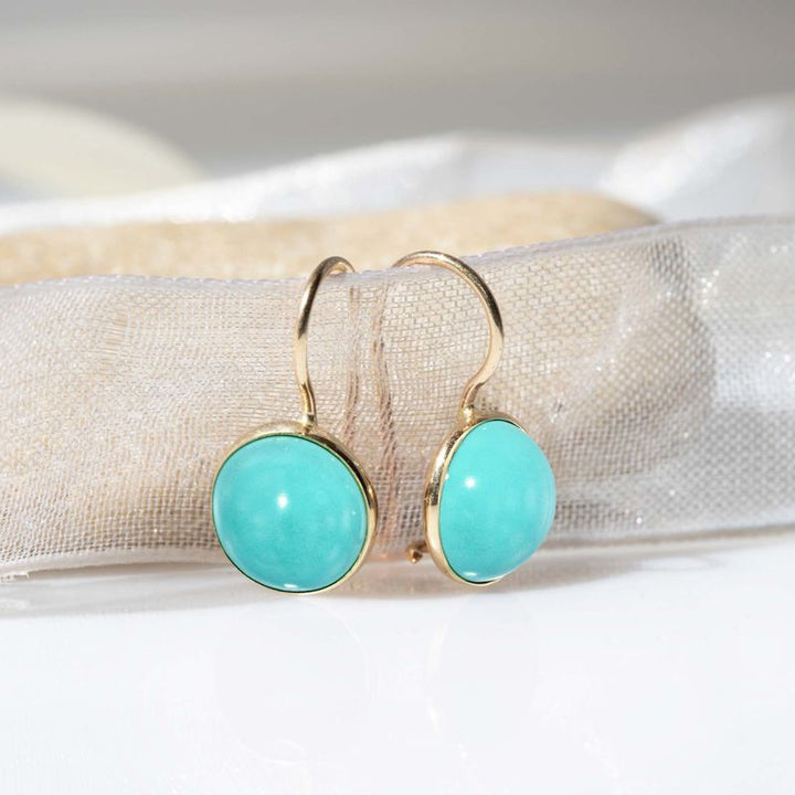 14K Gold Round 8mm Turquoise Dangle Earrings