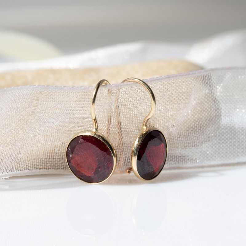14K Gold Round 8mm Garnet Dangle Earrings