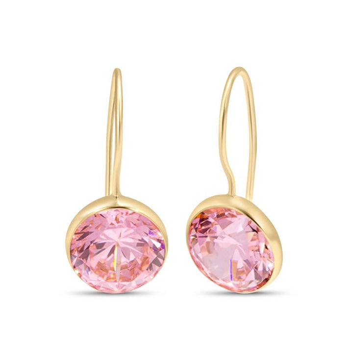 עגילים תלויים מזהב צהוב עם זירקון ורוד