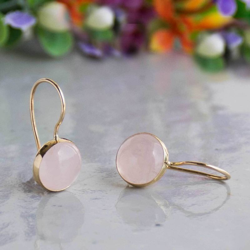 14K Gold Round 8mm Roze Quartz Dangle Earrings