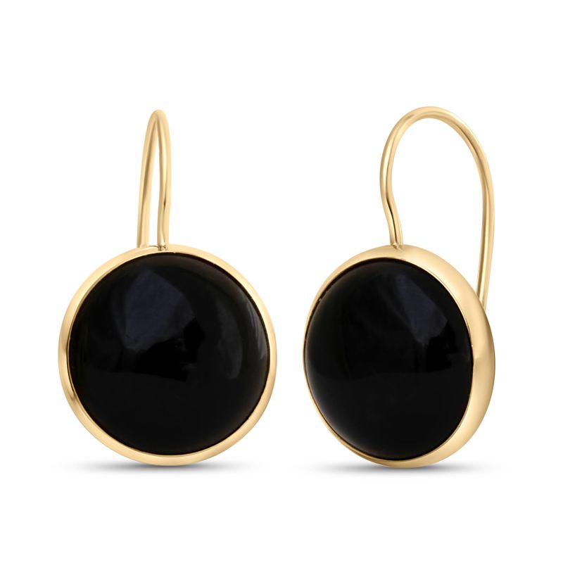 14K Gold Round 12mm Black Onyx Dangle Earrings