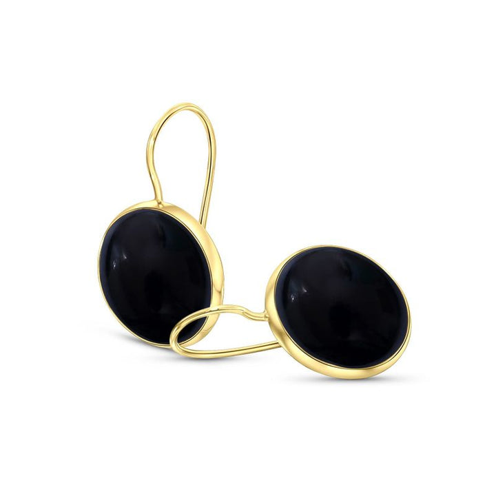 14K Gold Round 12mm Black Onyx Dangle Earrings