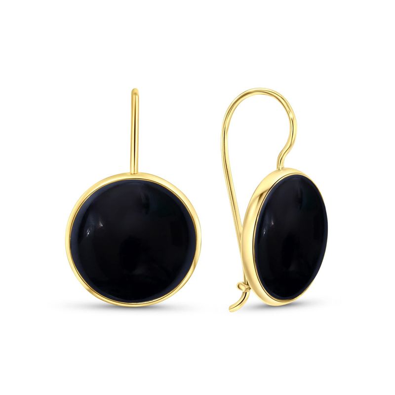 14K Gold Round 12mm Black Onyx Dangle Earrings