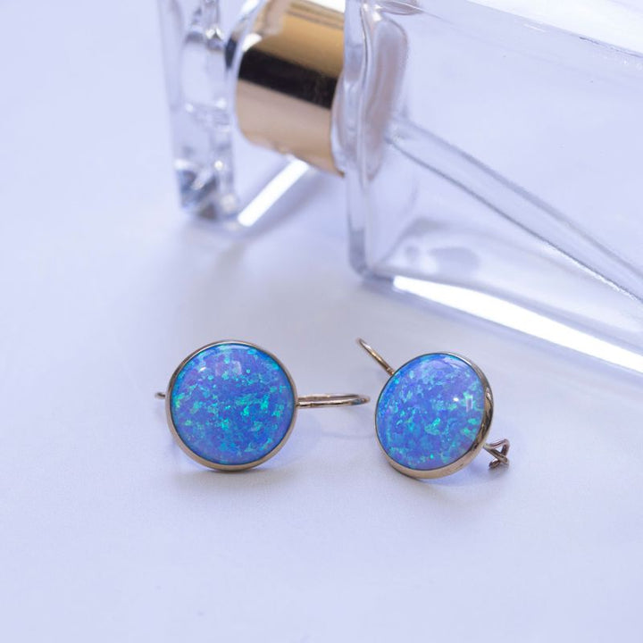 14K Gold Round 12mm Blue Opal Dangle Earrings
