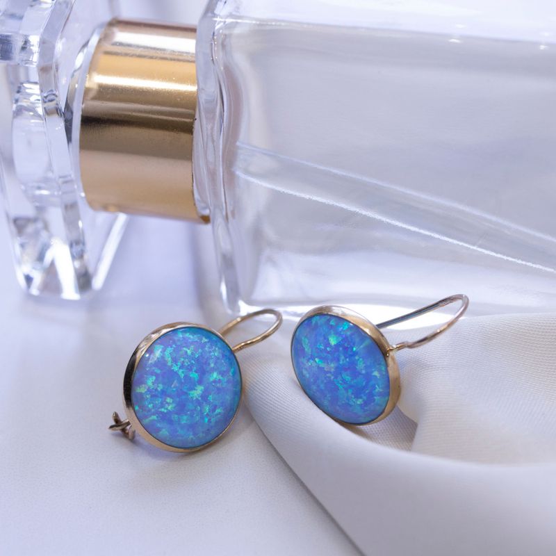 14K Gold Round 12mm Blue Opal Dangle Earrings