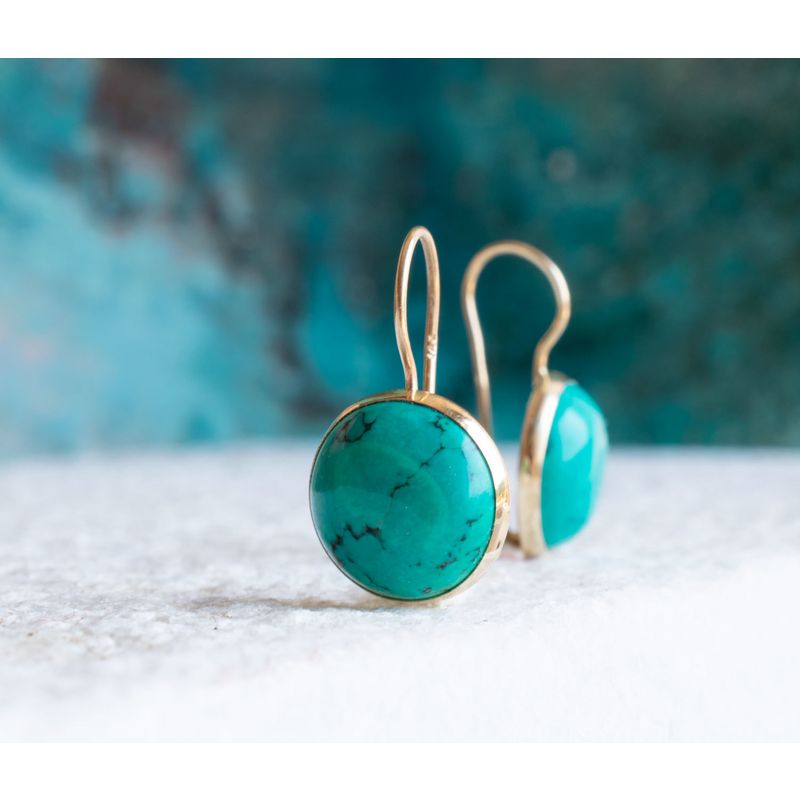 14K Gold Round 12mm Turquoise Dangle Earrings