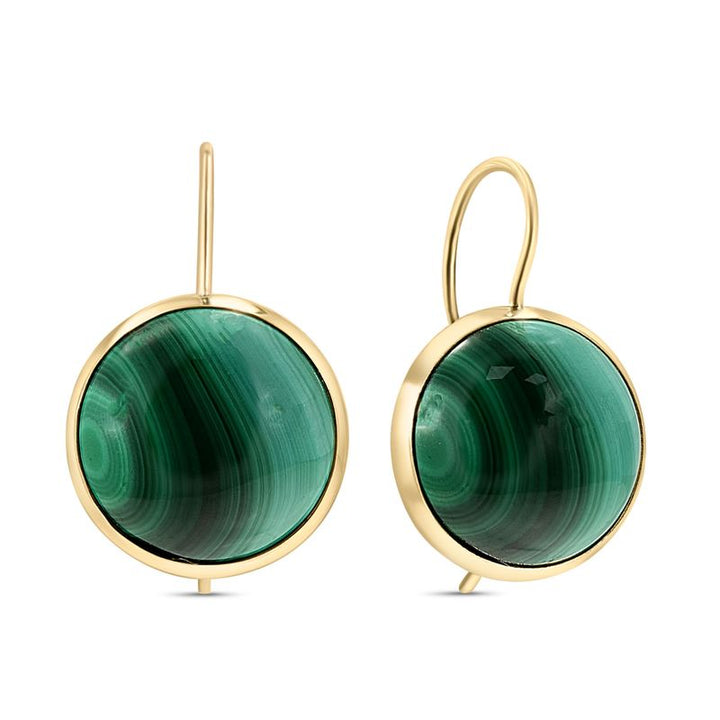 14K Gold Round 12mm Malachite Dangle Earrings