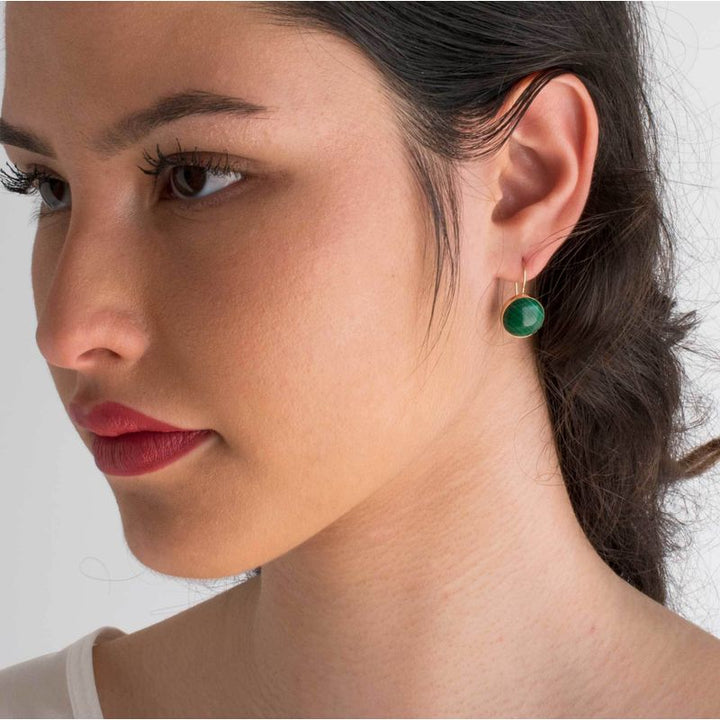 14K Gold Round 12mm Malachite Dangle Earrings